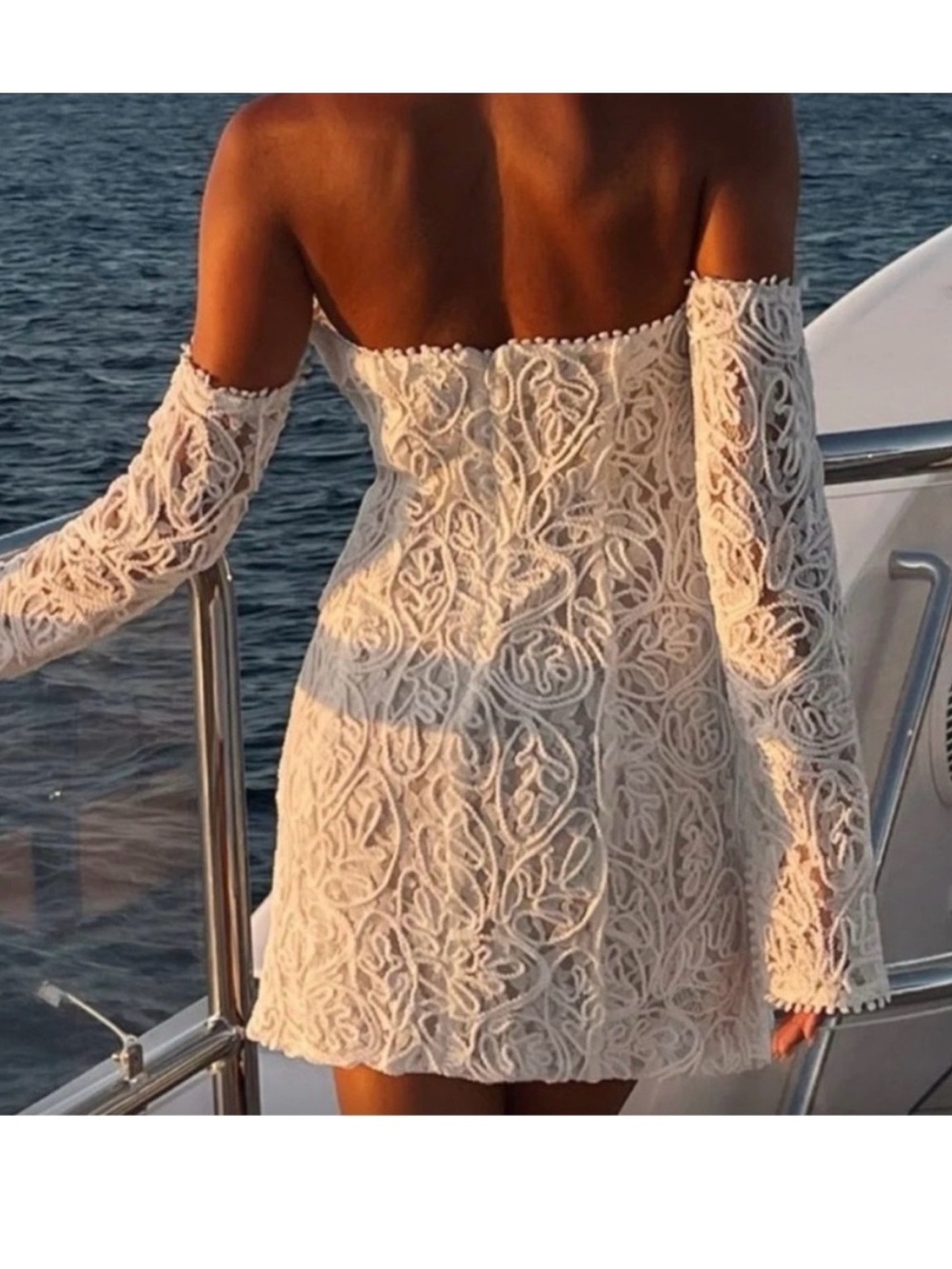 12th Tribe White Strapless Textured Lace Mini Dress with Detachable Long Sleeves - Picture 4 of 4
